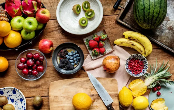 Berries, table, apples, watermelon, kiwi, strawberry, fruit, pineapple