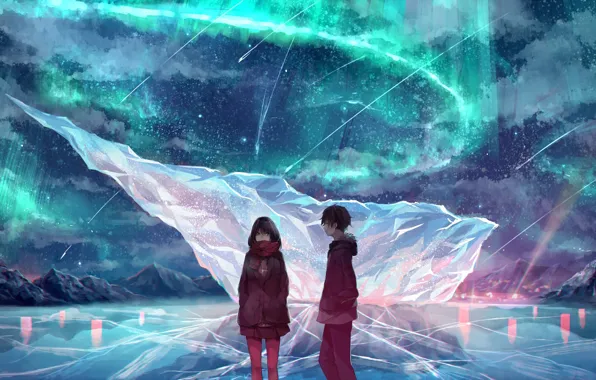 Winter, the sky, girl, mountains, night, nature, Northern lights, anime