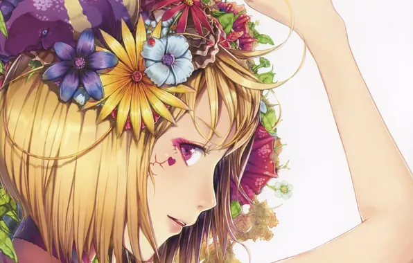 Girl, flowers, face, anime, art, tattoo, profile, jname