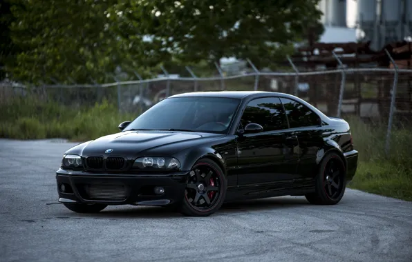 Trees, reflection, black, black, bmw, BMW, coupe, the fence