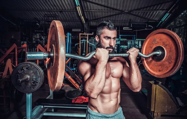 Pose, muscle, muscle, rod, press, athlete, gym, bodybuilder