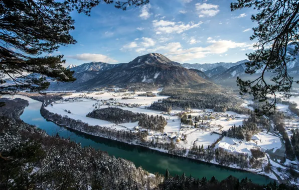 Winter, snow, trees, landscape, mountains, river, valley
