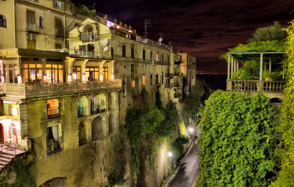 Road, greens, night, lights, height, home, lights, Italy