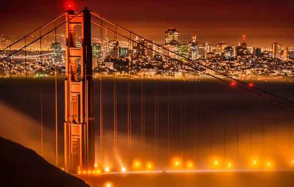 Night, bridge, lights, fog, CA, San Francisco, Golden gate