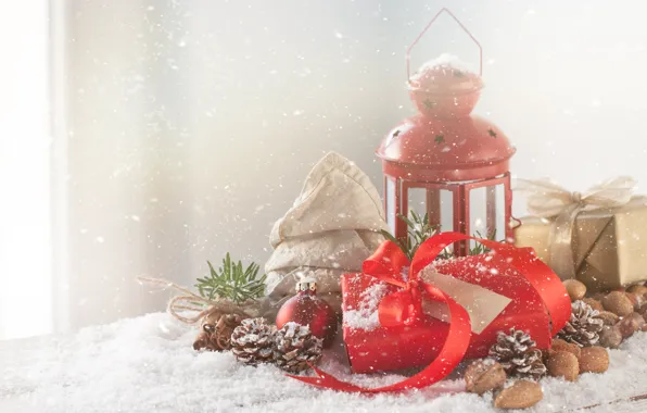 Winter, snow, red, table, box, gift, candle, ball