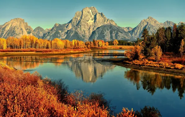 Picture autumn, forest, the sky, mountains, river, beauty