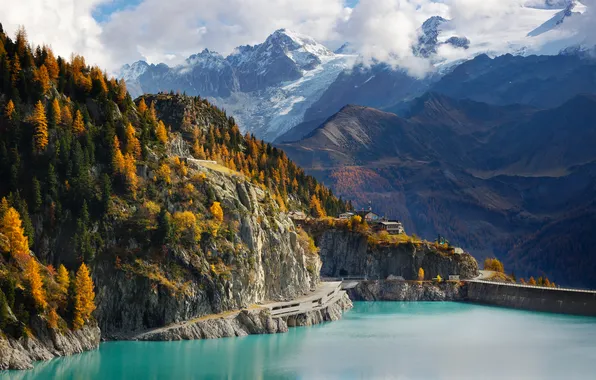 Picture forest, mountains, rocks, dam, Switzerland, Émosson Dam