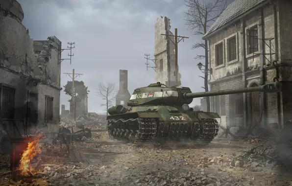 War, home, devastation, ruins, The is-2, heavy tank