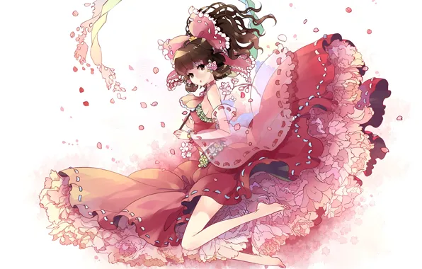 Picture girl, figure, petals, dress, touhou, hakurei reimu, kieta