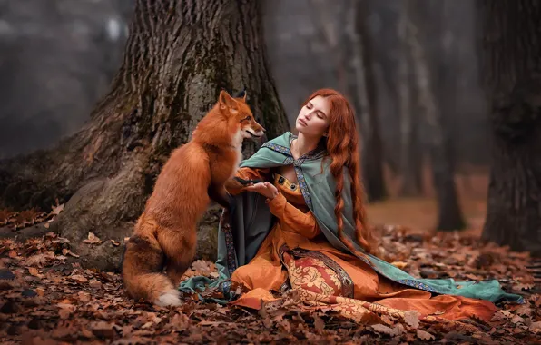 Girl, trees, pose, hair, Fox, braid, red, Anastasia Barmina
