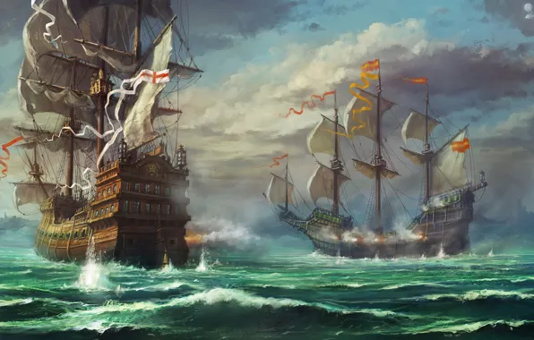 Sea, clouds, clouds, sailboat, ships, gun, art, shooting