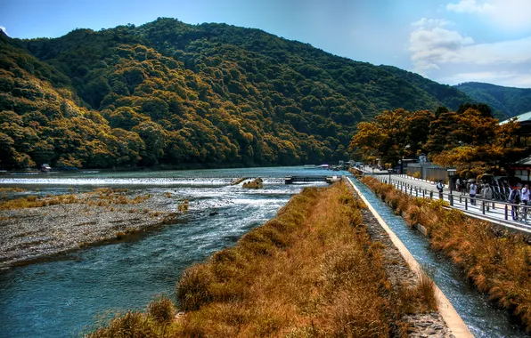 Picture mountains, the city, river, Japan, promenade, Kyoto