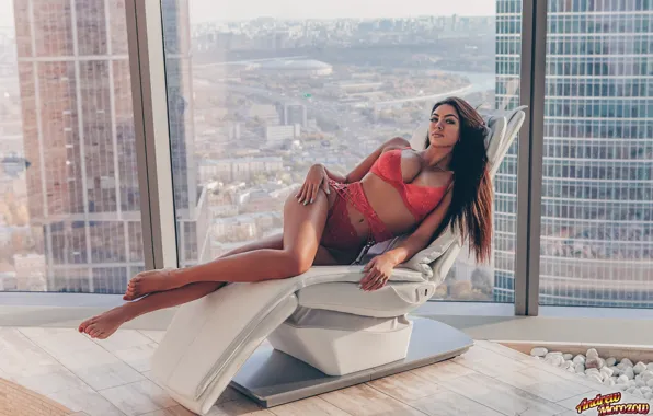 Model, Cityscape, Red Lingerie, Waiting For You, Andrew Morozow, On The Chair