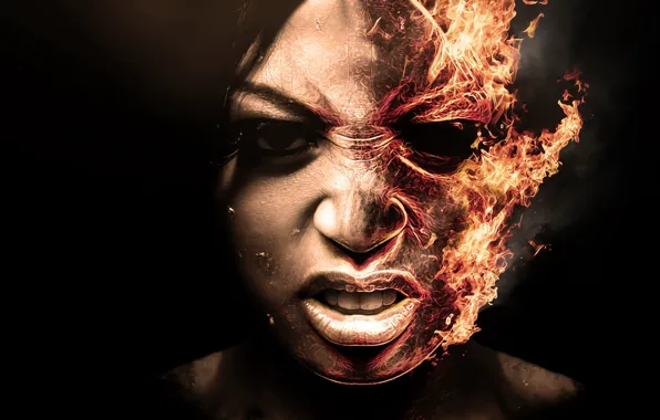 Girl, Black, Fire, Teeth, Background, Askal
