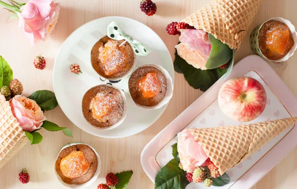 Apples, roses, horn, waffles, cupcakes, muffins, pumpkin