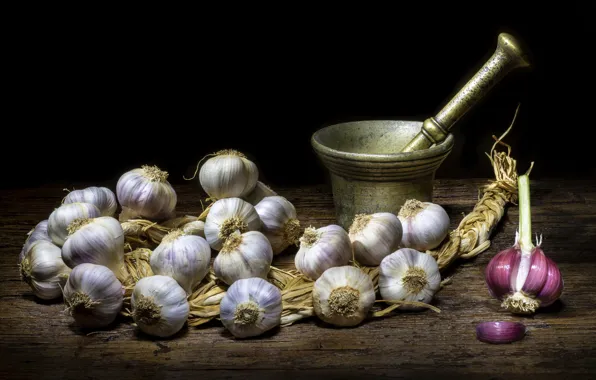 Table, Board, black background, still life, pistil, composition, garlic, mortar