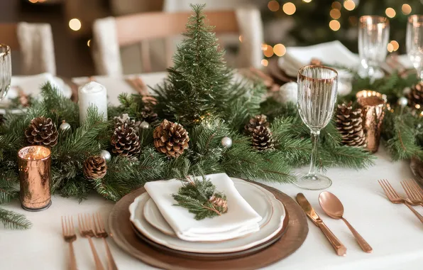 Lights, table, holiday, chairs, glasses, Christmas, spoon, knife