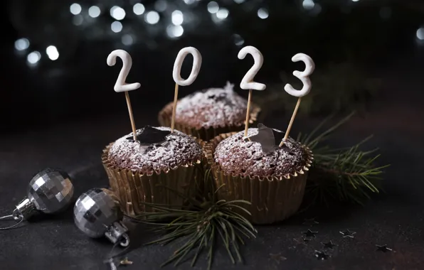 Balls, the dark background, holiday, figures, New year, needles, date, bokeh