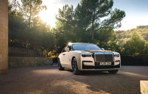 Picture car, Rolls-Royce, Ghost, trees, sun, front view, Rolls-Royce Ghost Amber Roads