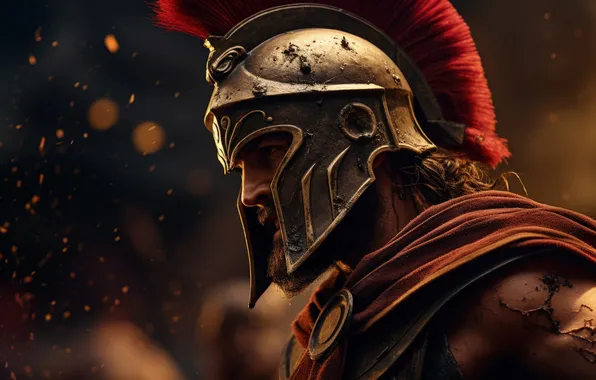 Warrior, Helmet, Male, Side, Digital art, Spartan, Ancient Greece, AI art