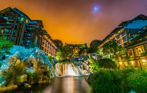 Trees, night, design, lights, stones, waterfall, HDR, home