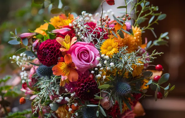 Flowers, roses, bouquet, a lot, different, dahlias, Alstroemeria