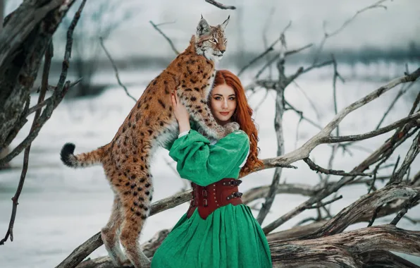 Picture girl, dress, red, lynx, friends, wild cat, redhead, driftwood