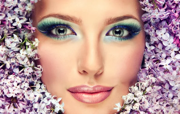 Picture look, girl, flowers, eyelashes, model, lips, beautiful, face. makeup