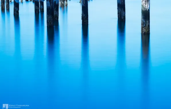 Picture surface, lake, reflection, photographer, piles, Kenji Yamamura