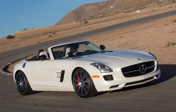 Picture car, Roadster, Mercedes-Benz, white, AMG, SLS, speed