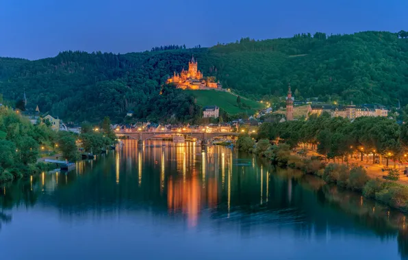 Picture trees, lights, river, castle, Germany, night city, Germany, Cochem