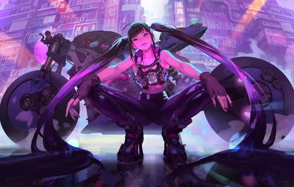 Girl, motorcycle, cyberpunk, bike, style, cyberpank