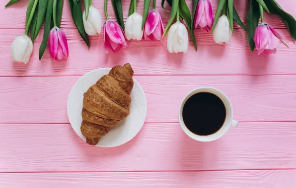 Picture flowers, coffee, colorful, Cup, tulips, pink, white, white