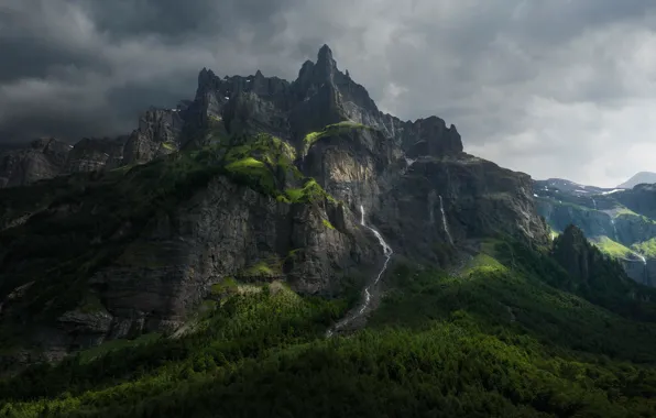 Forest, the sky, clouds, mountains, clouds, river, rocks, waterfall