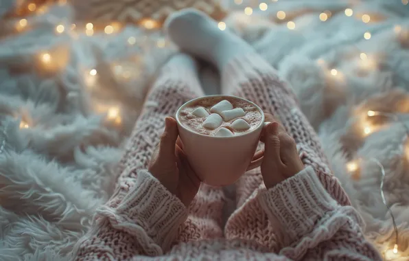 Girl, light, lights, comfort, feet, hands, Christmas, mug