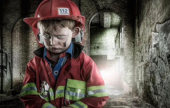 Portrait, boy, young fireman