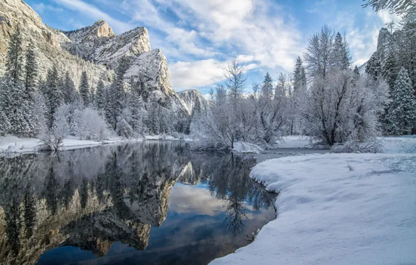 Picture winter, snow, trees, mountains, reflection, river, CA, California