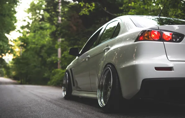 Road, forest, white, the sun, trees, white, wheels, drives