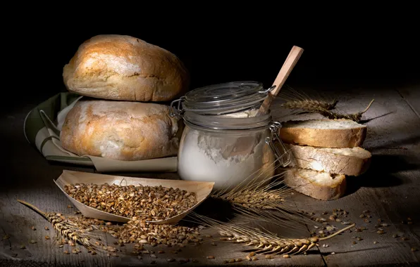 Wheat, food, bread, Bank, black background, still life, items, grain
