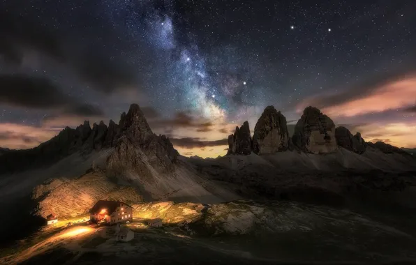 Mountains, night, house, The milky way, The Dolomites