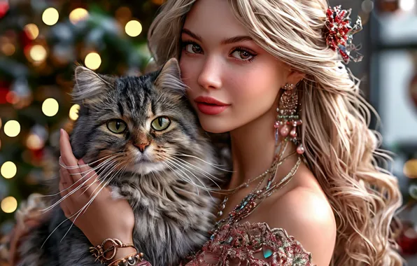 Girl, Girls, Cat, New year, Tree, The girl with the cat