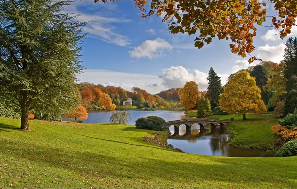 Picture autumn, forest, the sky, clouds, trees, bridge, nature, river