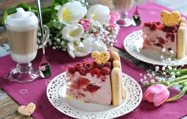 Flowers, raspberry, tulips, cake, cakes, decor, latte, holiday