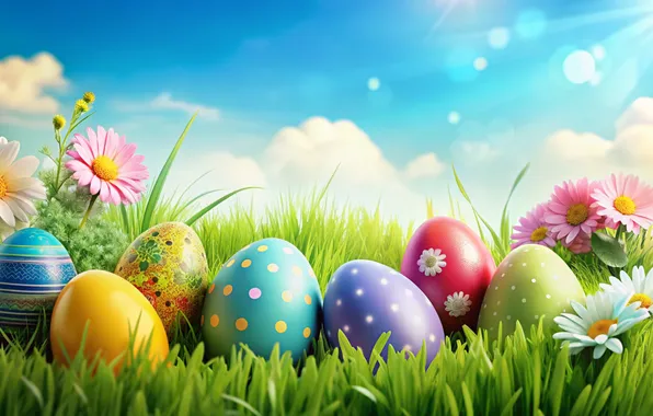 Flowers, eggs, spring, colorful, Easter, happy, flowers, spring
