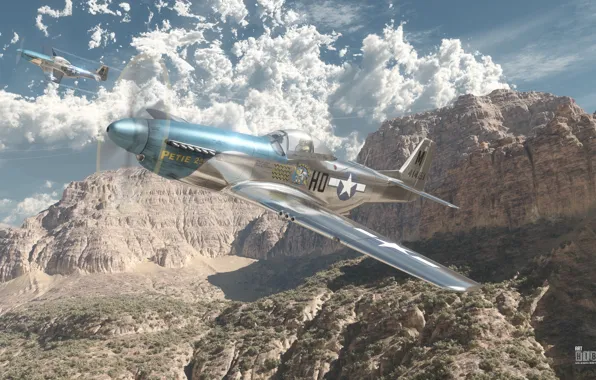 Picture the sky, clouds, mustang, fighter, Art, American, P-51D, War Thunder