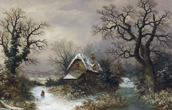 Picture winter, trees, landscape, house, art