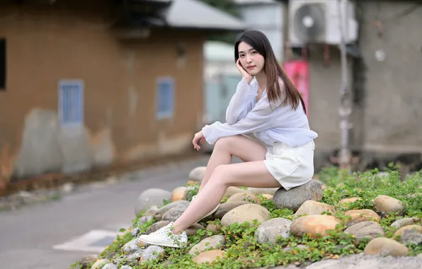 Stones, feet, Asian, blouse, sitting