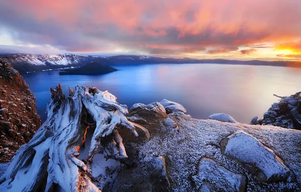 Picture mountains, lake, dawn, USA, crater, Oregon, Crater Lake
