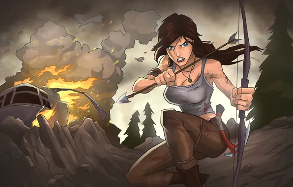 Picture look, girl, the plane, fire, smoke, art, Tomb Raider, Lara Croft