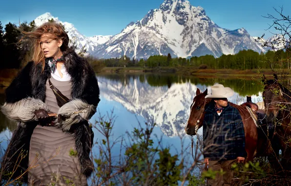 Picture forest, landscape, mountains, nature, lake, hat, actress, horse